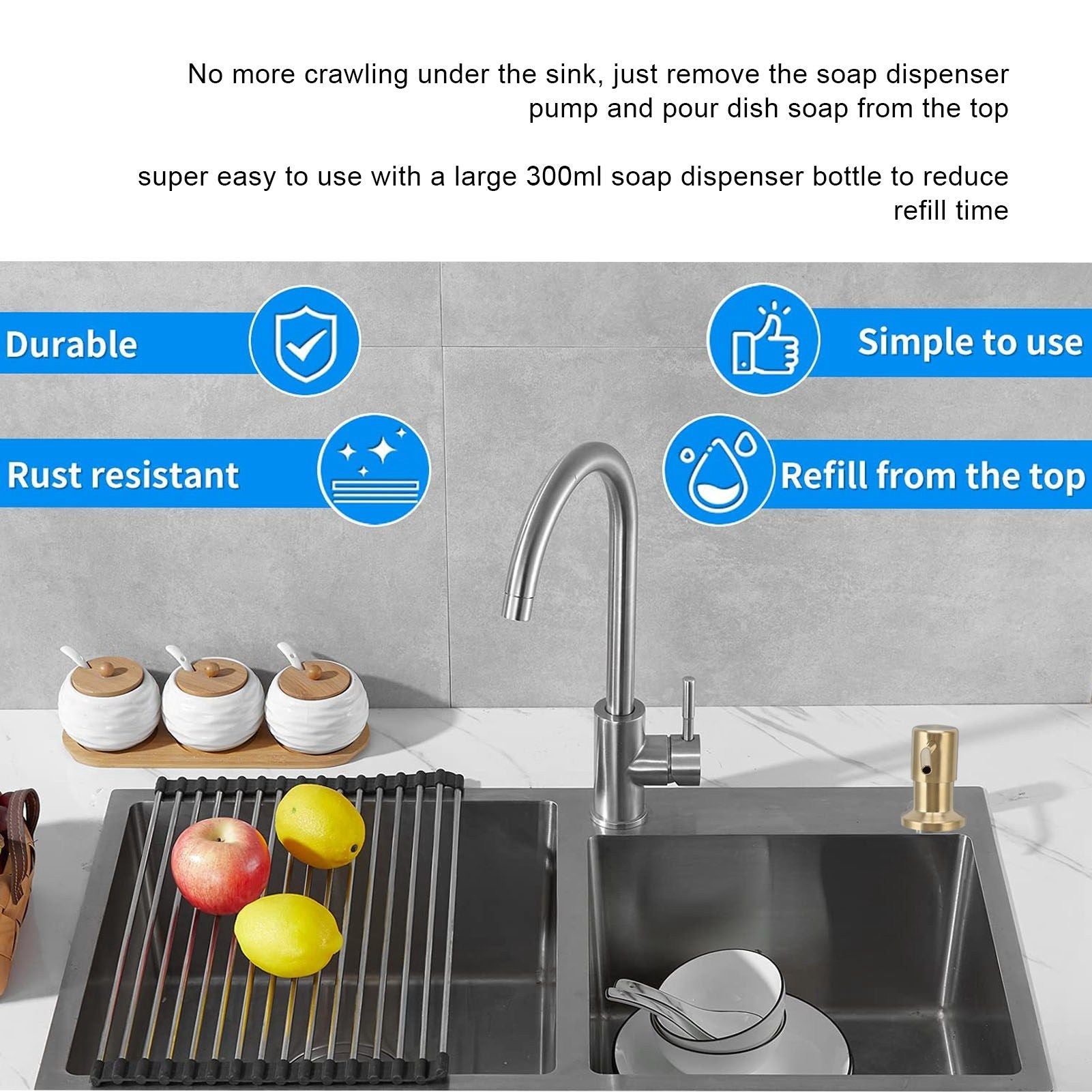 300ml Kitchen Sink Soap Dispenser Stainless Steel 360 degrees Rotation Multifunctional Soap Dispenser for V1294-YM0523-3112220029912