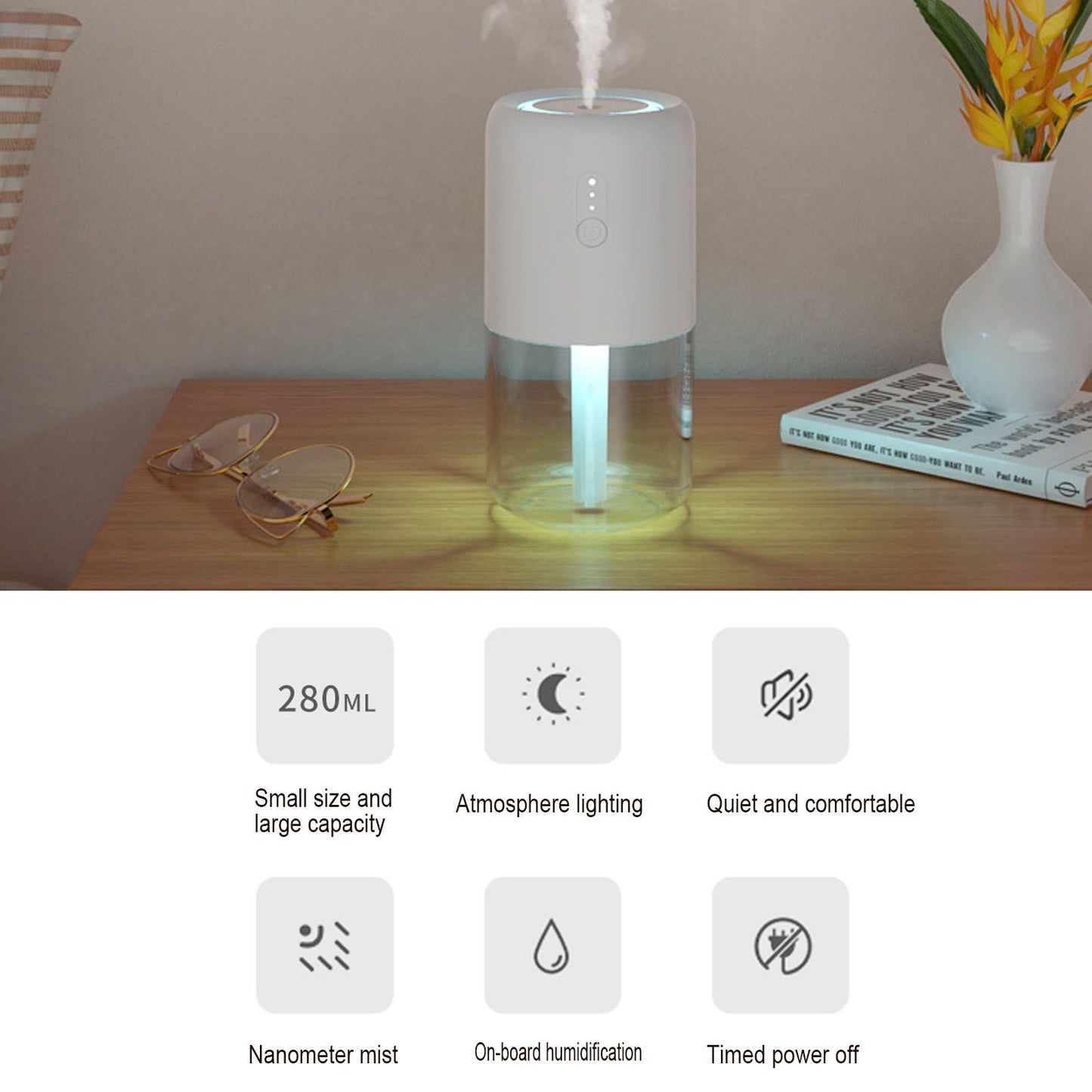 280ml Single Spray Humidifier Small Mist Quiet Operation with Warm Atmosphere Light for Car Home Office V1294-YM0523-3113210238911