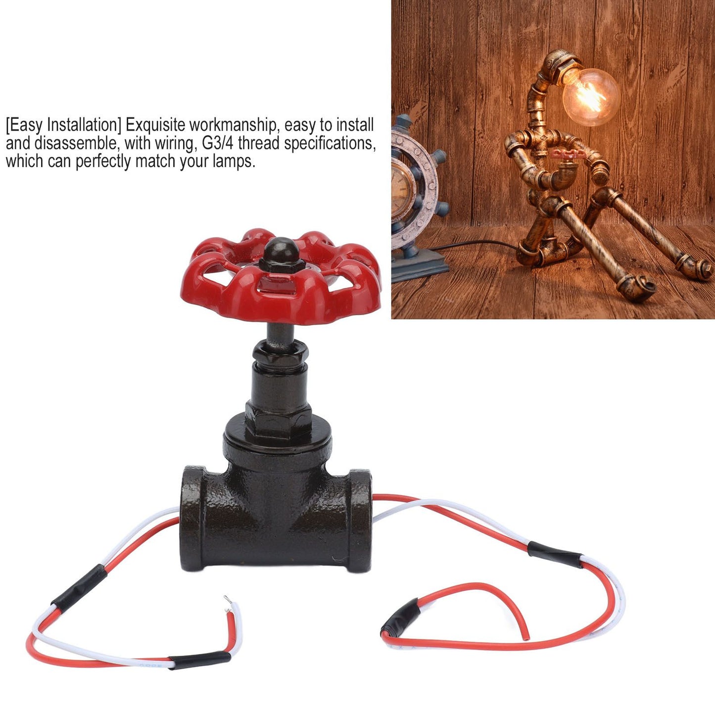 G3/4 Steampunk Style Light Switch with Wires Vintage Industrial Robot Table Lamp Switch 12V 120V V1294-YM0523-3113210252411
