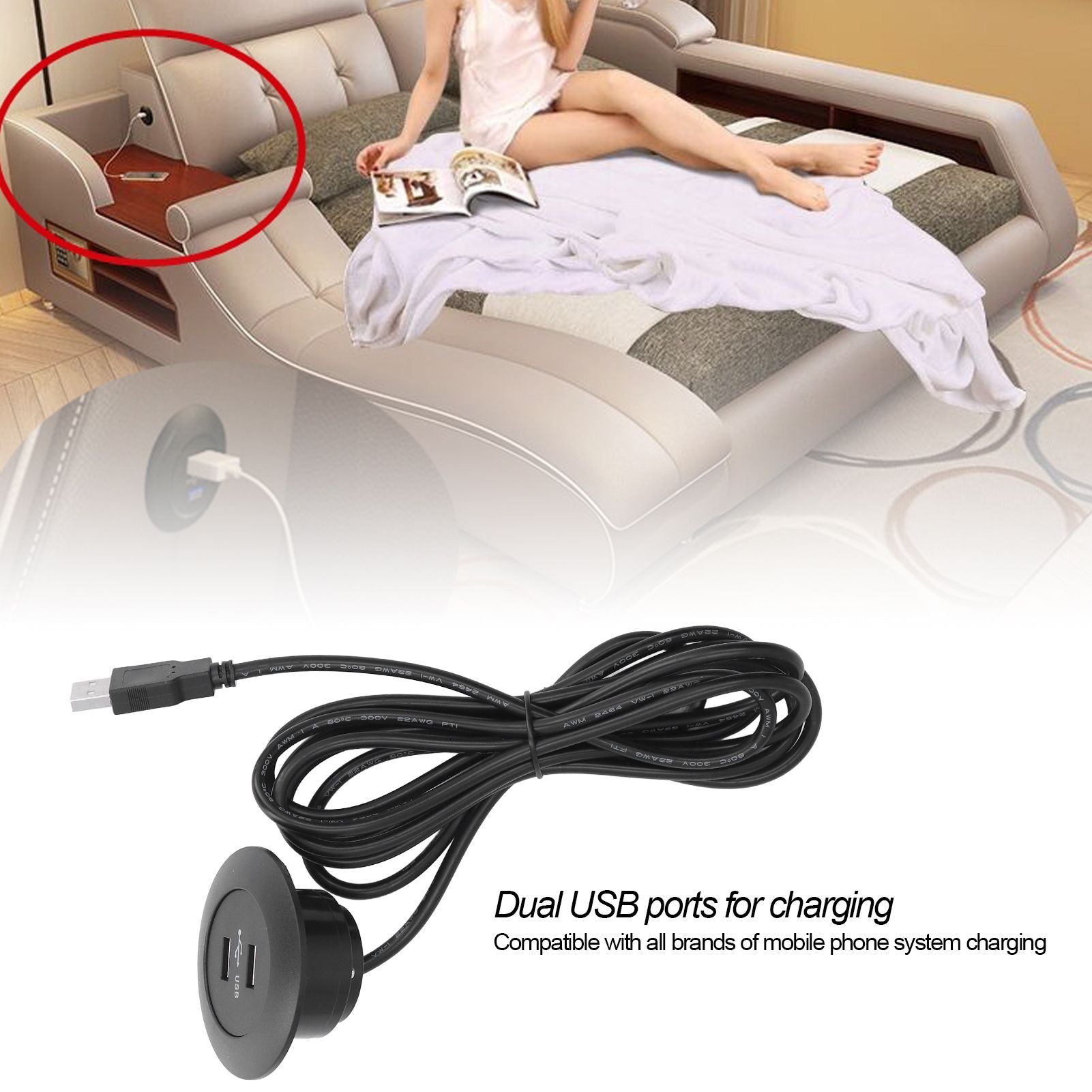 Sofa USB Charging Socket Flush Mount Installation Dual USB Charging Ports Socket for Home UseBlack V1294-YM0523-3113220029811