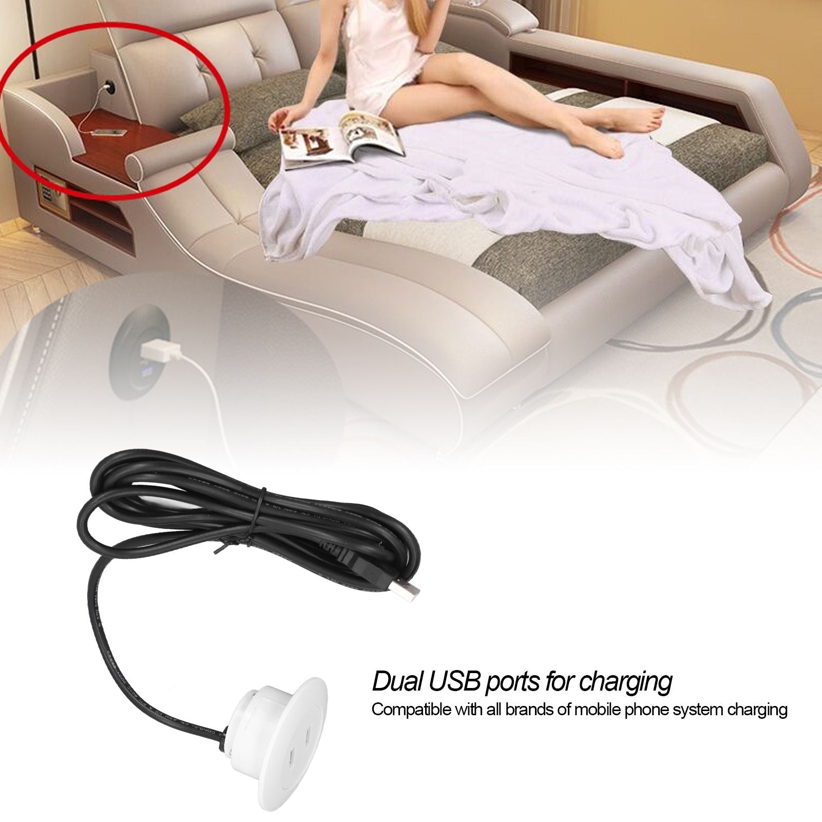 Sofa USB Charging Socket Flush Mount Installation Dual USB Charging Ports Socket for Home UseWhite V1294-YM0523-3113220029812