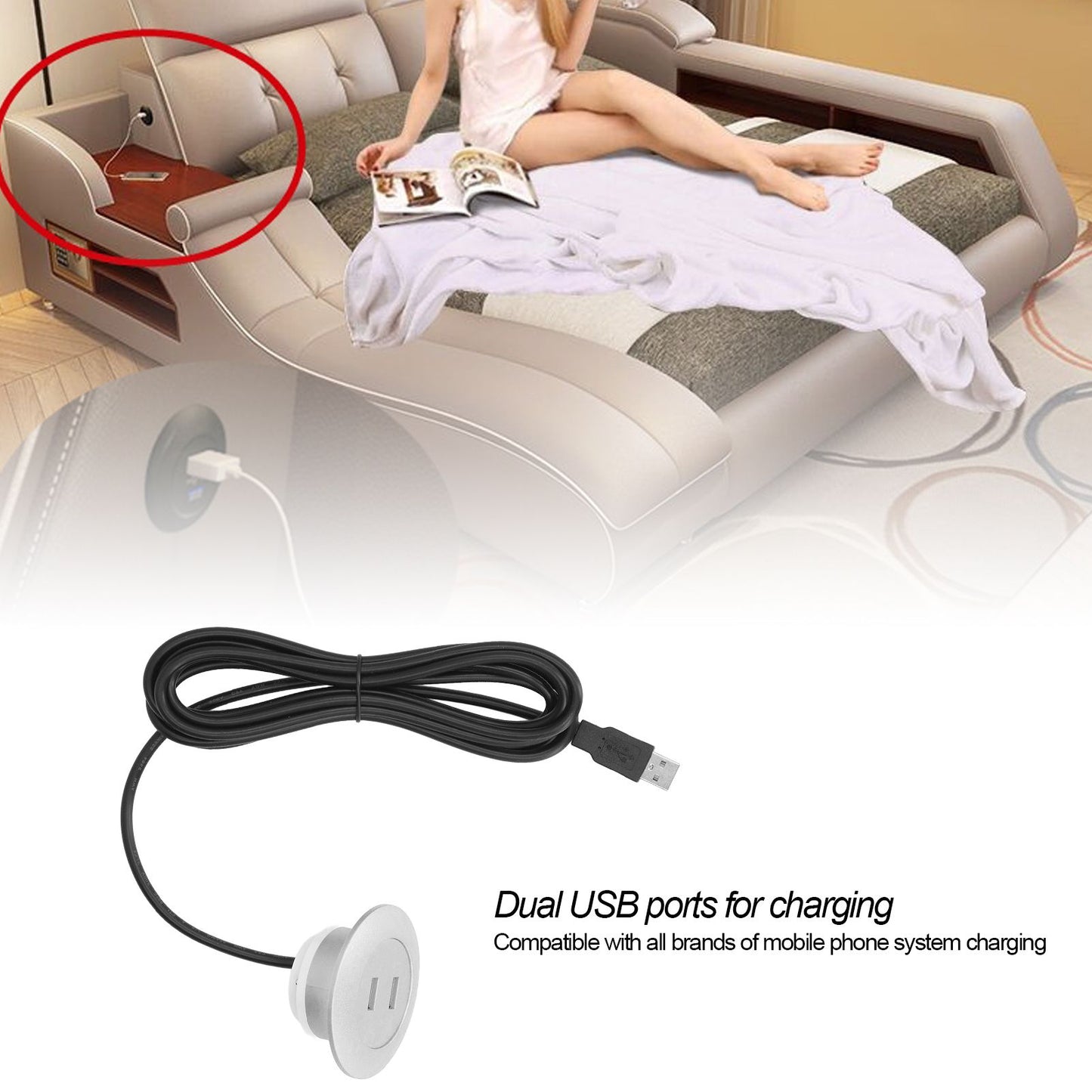 Sofa USB Charging Socket Flush Mount Installation Dual USB Charging Ports Socket for Home UseSilver V1294-YM0523-3113220029814
