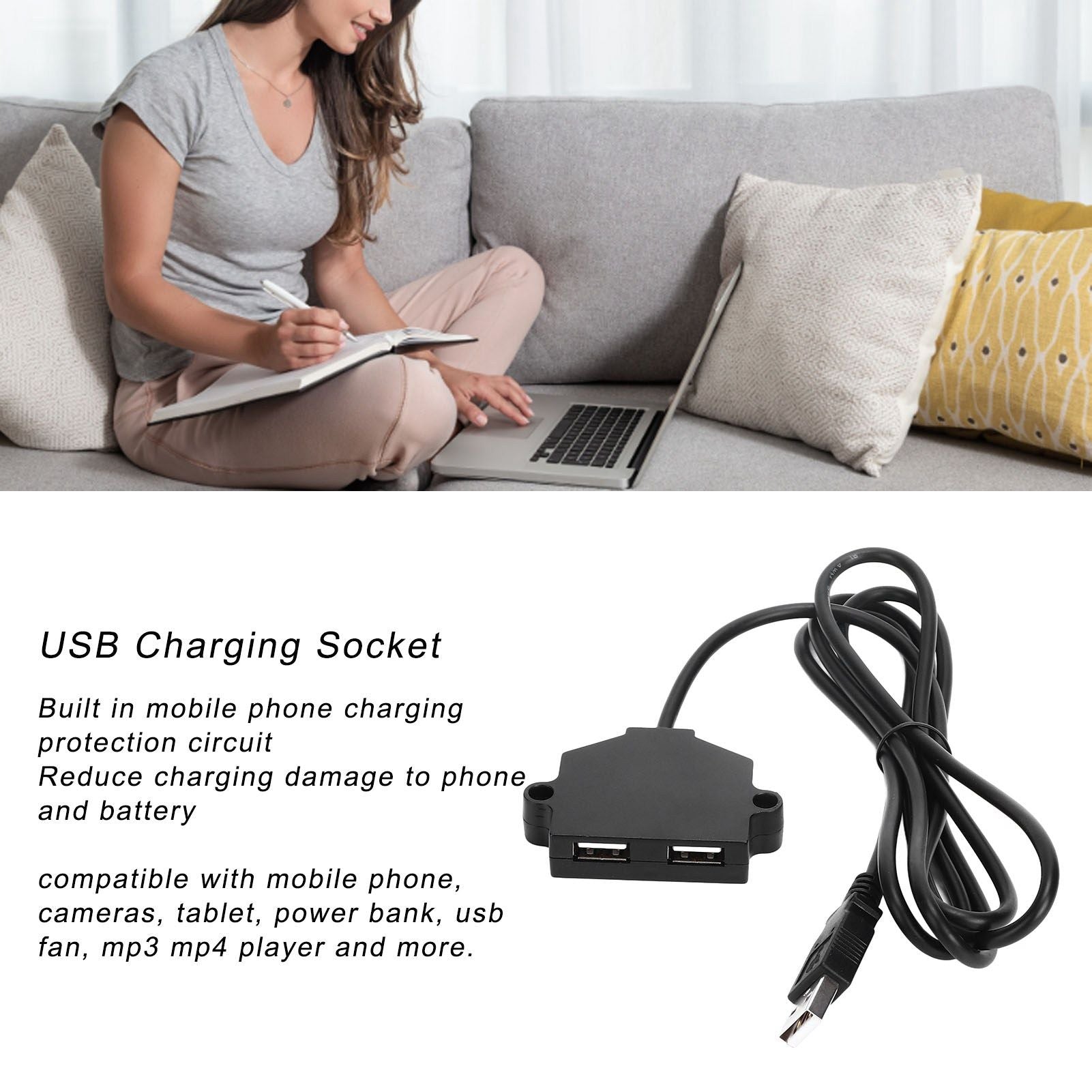 Dual USB Charging Socket with 1.5m Cable 5V 1A Multipurpose for Phone Tablet Camera V1294-YM0523-3113220031411