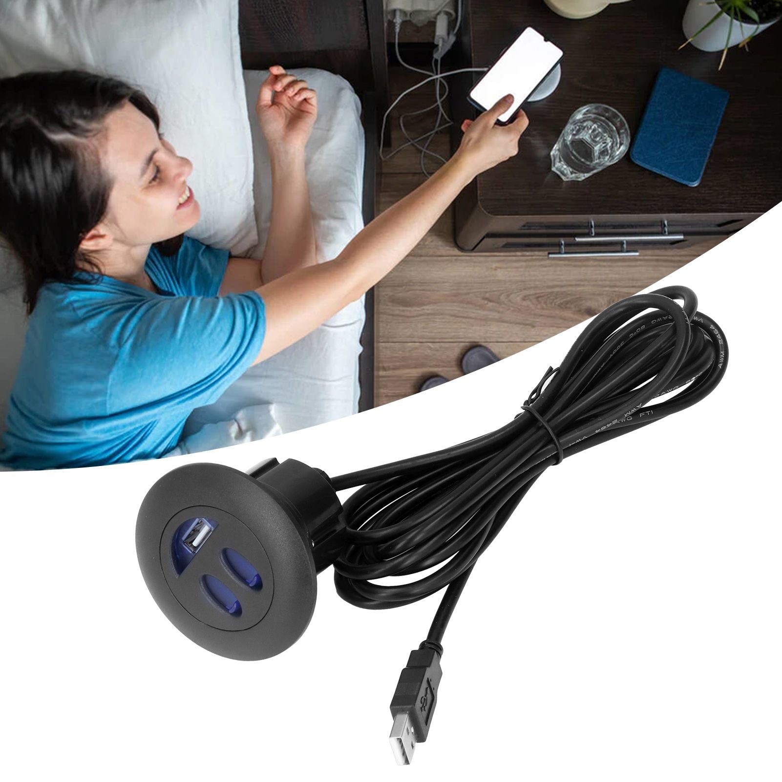 5V USB Charging Socket Outlet with 2.5m/8.2ft Power Cord Embedded Installation for Home Bedside Sofa Recliner V1294-YM0523-3113220032211