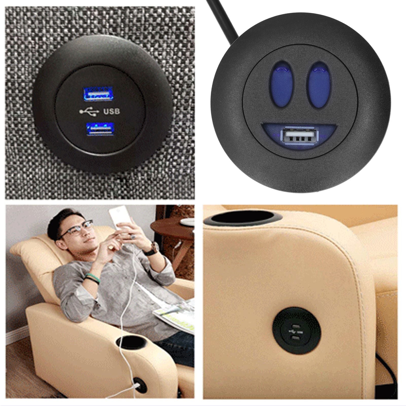 5V USB Charging Socket Outlet with 2.5m/8.2ft Power Cord Embedded Installation for Home Bedside Sofa Recliner V1294-YM0523-3113220032211