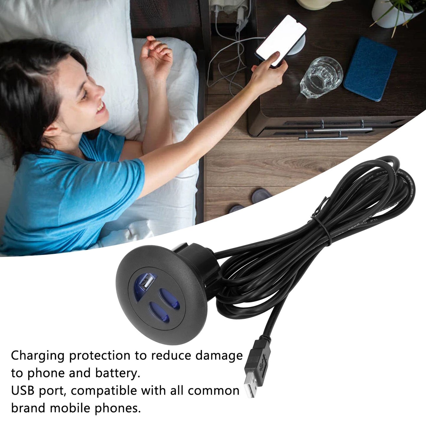 5V USB Charging Socket Outlet with 2.5m/8.2ft Power Cord Embedded Installation for Home Bedside Sofa Recliner V1294-YM0523-3113220032211