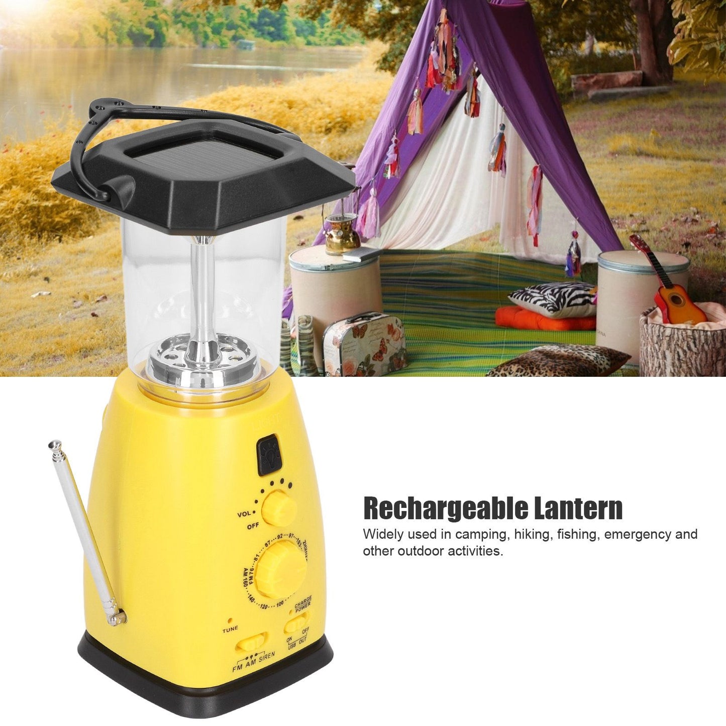 LED Camping Lantern Solar Hand Crank Battery Charging Adjustable Brightness 8 LEDs Support FM AM Function LED V1294-YM0523-3113220032711