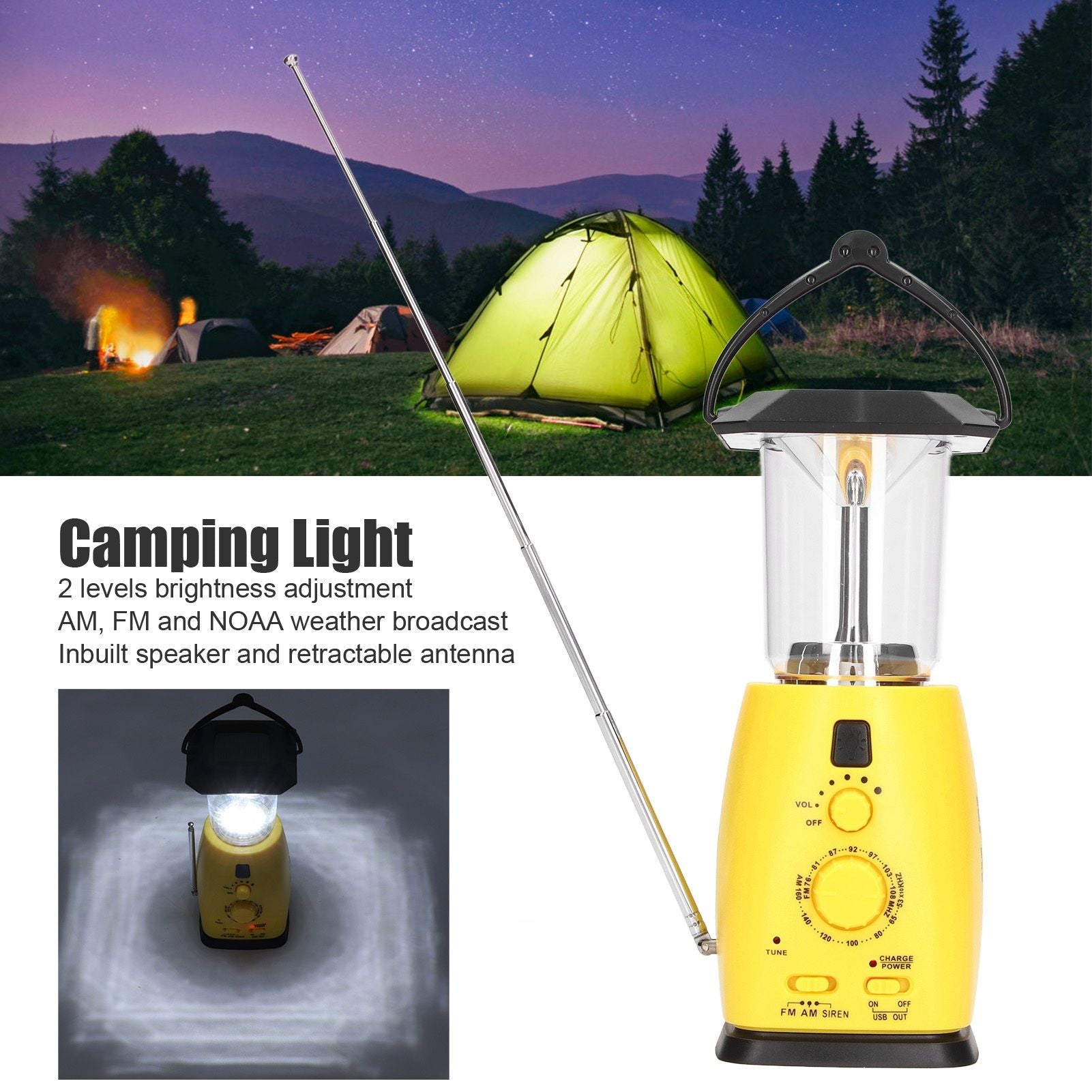 LED Camping Lantern Solar Hand Crank Battery Charging Adjustable Brightness 8 LEDs Support FM AM Function LED V1294-YM0523-3113220032711