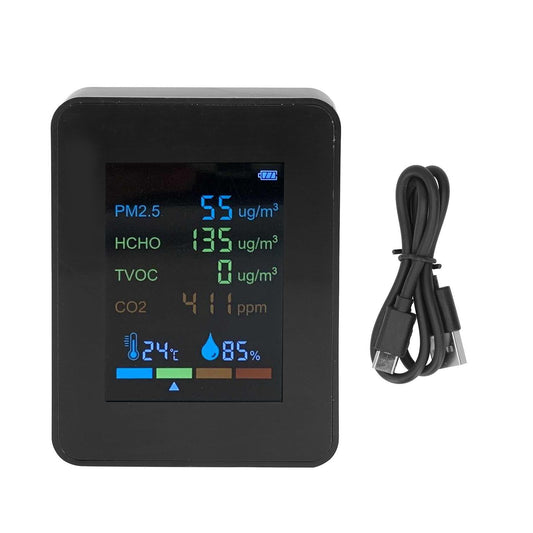 Multifunctional 6 in 1 CO2 Meter Air Quality Monitor Temperature PM2.5 TVOC HCHO Detector USB Charging Black V1294-YM0523-3113220044211