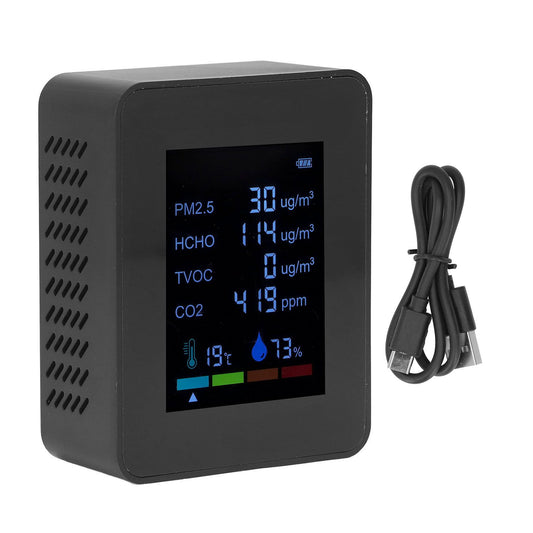 Multifunctional 6 in 1 CO2 Meter Air Quality Monitor Temperature PM2.5 TVOC HCHO Detector USB Charging Black V1294-YM0523-3113220044211