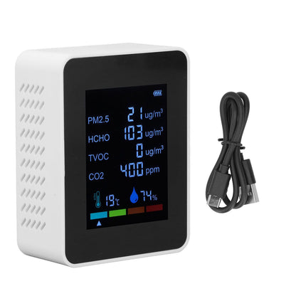 Multifunctional 6 in 1 CO2 Meter Air Quality Monitor Temperature PM2.5 TVOC HCHO Detector USB Charging White V1294-YM0523-3113220044212