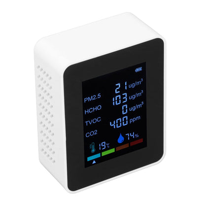 Multifunctional 6 in 1 CO2 Meter Air Quality Monitor Temperature PM2.5 TVOC HCHO Detector USB Charging White V1294-YM0523-3113220044212