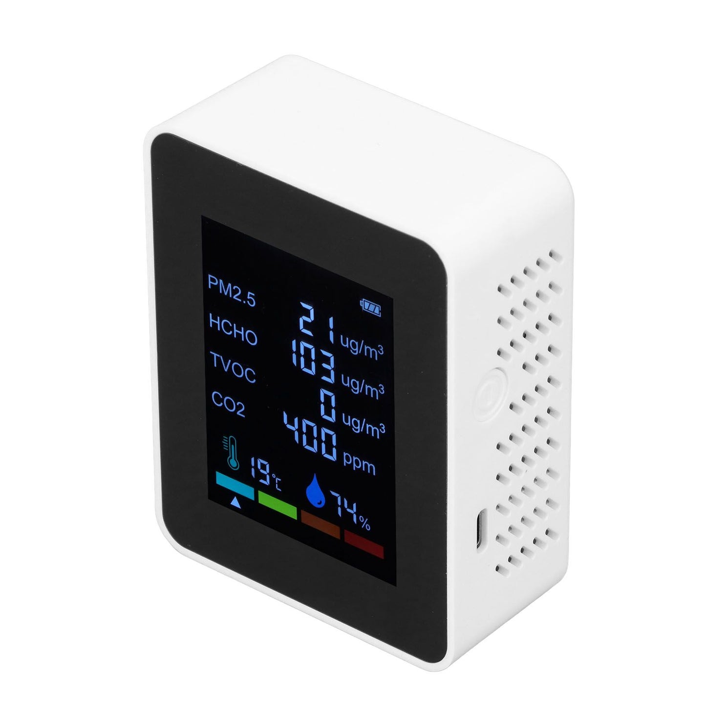 Multifunctional 6 in 1 CO2 Meter Air Quality Monitor Temperature PM2.5 TVOC HCHO Detector USB Charging White V1294-YM0523-3113220044212