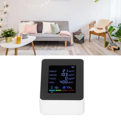 Multifunctional 6 in 1 CO2 Meter Air Quality Monitor Temperature PM2.5 TVOC HCHO Detector USB Charging White V1294-YM0523-3113220044212