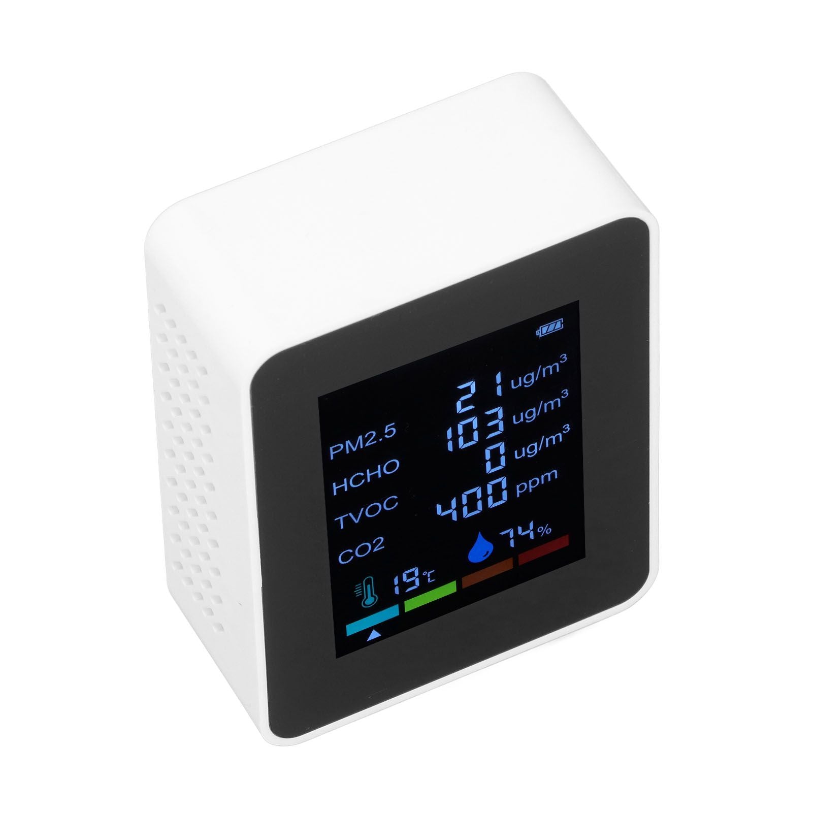 Multifunctional 6 in 1 CO2 Meter Air Quality Monitor Temperature PM2.5 TVOC HCHO Detector USB Charging White V1294-YM0523-3113220044212