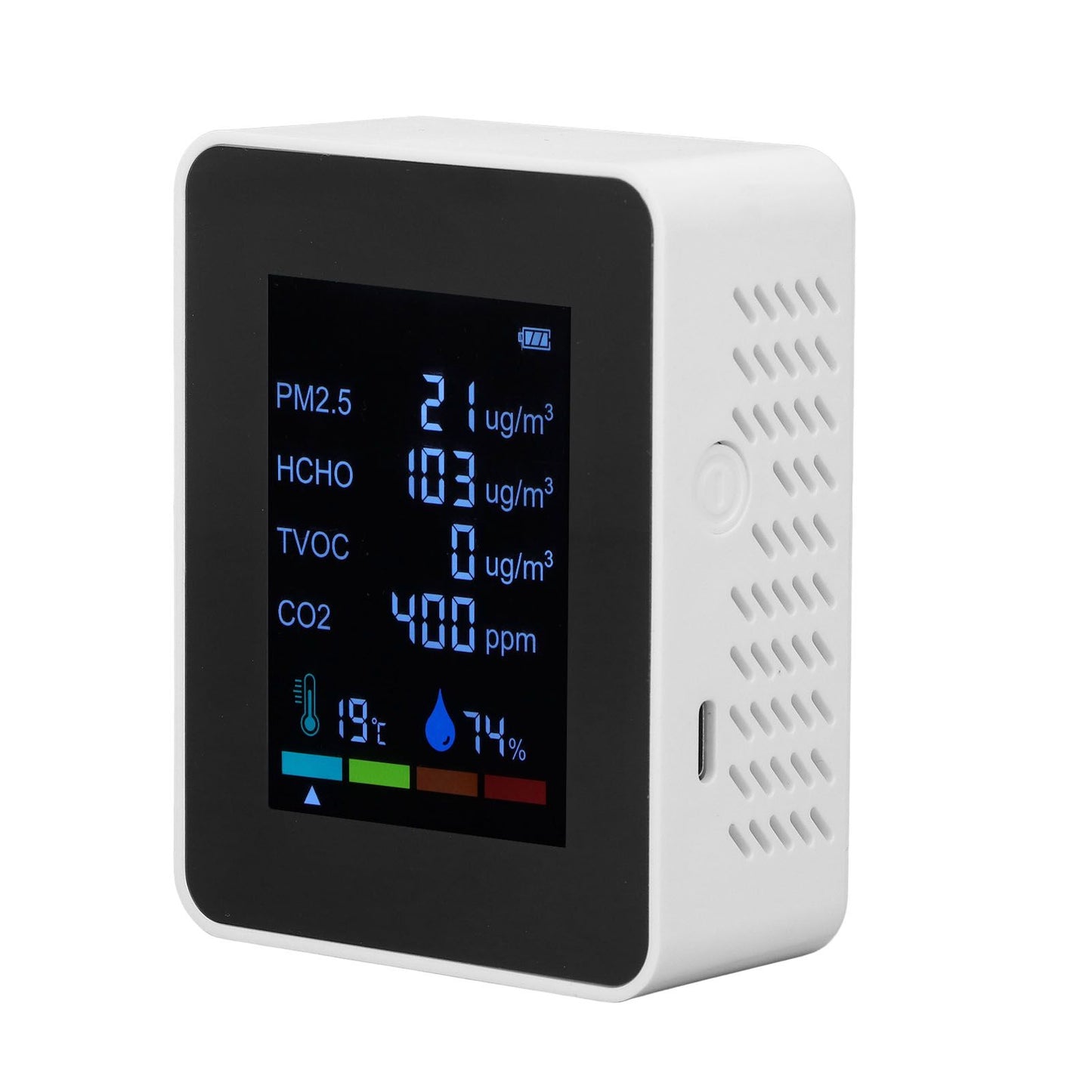 Multifunctional 6 in 1 CO2 Meter Air Quality Monitor Temperature PM2.5 TVOC HCHO Detector USB Charging White V1294-YM0523-3113220044212