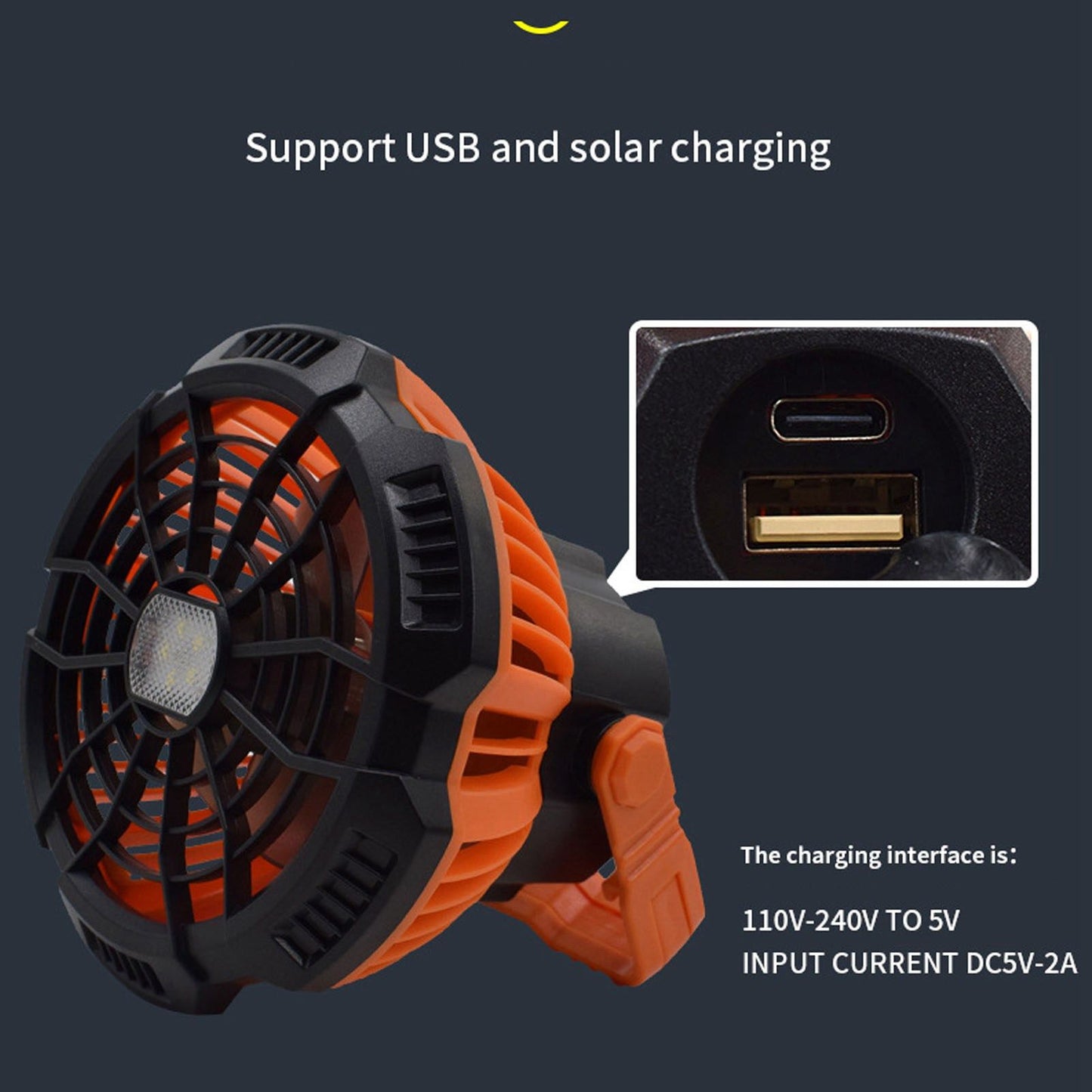 Camping Fan with Light Silent USB Charging 180 degrees Rotation Portable Hook Design 5 LED Fan for Tent V1294-YM0523-3113220048711