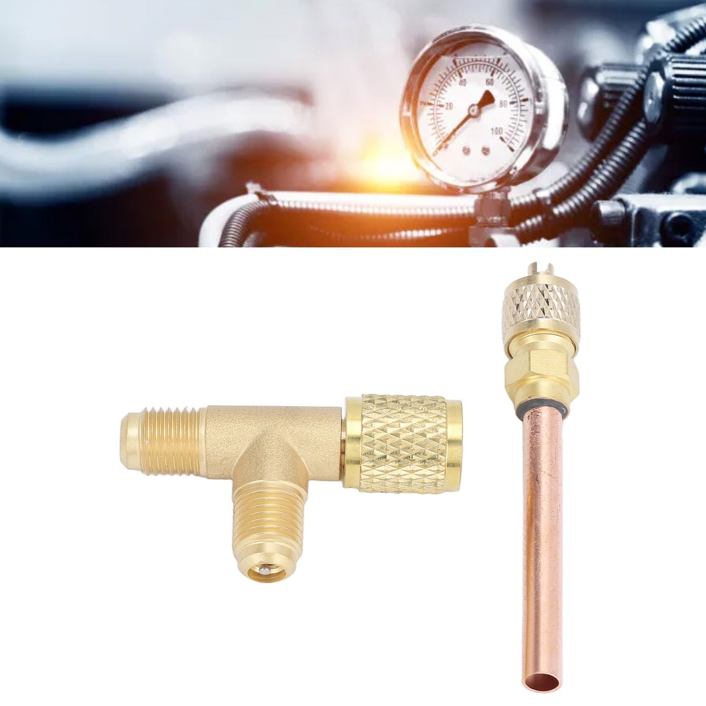 1/4in SAE Tee Adapter Built in Valve Core Quick Connection Double Sealing for R22 R12 R134 Vacuum Gauge V1294-YM0523-3113220052411