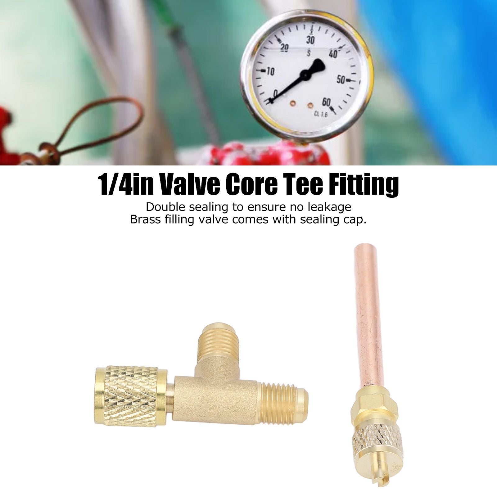 1/4in SAE Tee Adapter Built in Valve Core Quick Connection Double Sealing for R22 R12 R134 Vacuum Gauge V1294-YM0523-3113220052411