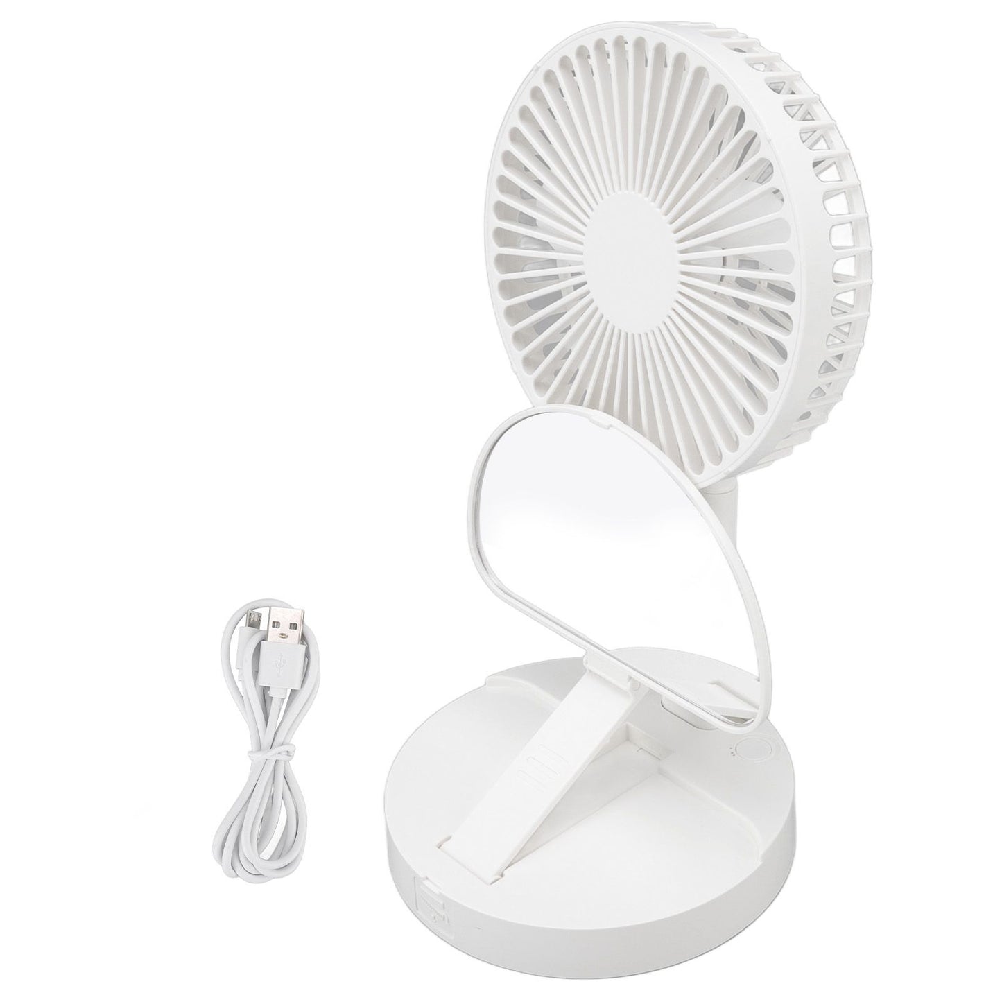 USB Desktop Fan Foldable Rechargeable Battery Makeup Mirror Function Bottom Silicone 3 Speeds White Mini Fan V1294-YM0523-3113220054311
