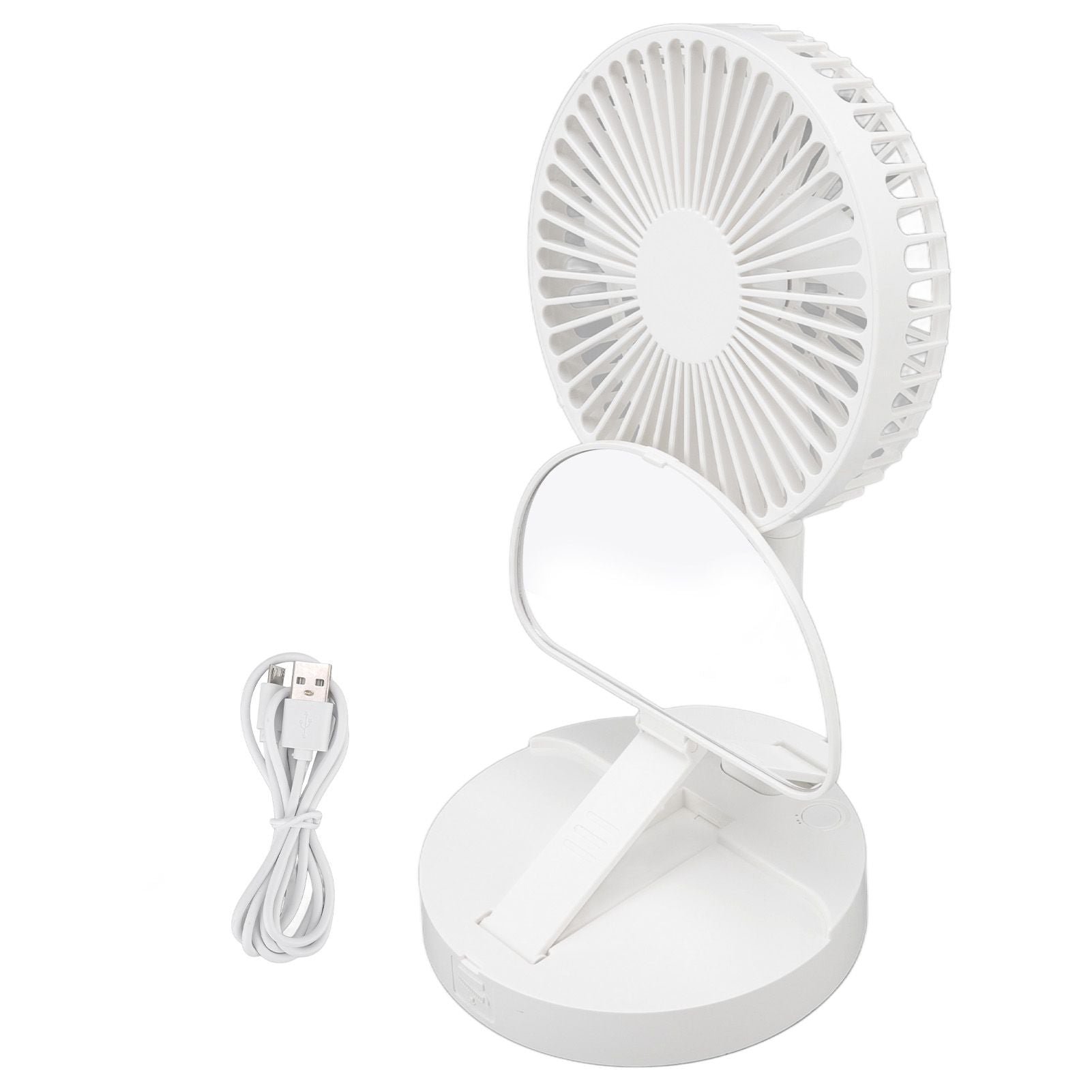 USB Desktop Fan Foldable Rechargeable Battery Makeup Mirror Function Bottom Silicone 3 Speeds White Mini Fan V1294-YM0523-3113220054311