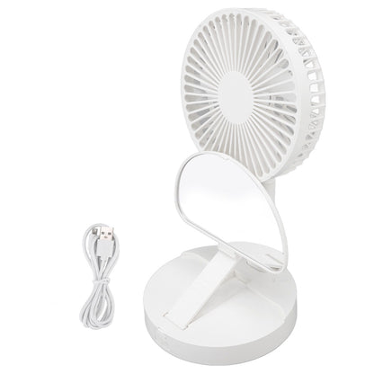 USB Desktop Fan Foldable Rechargeable Battery Makeup Mirror Function Bottom Silicone 3 Speeds White Mini Fan V1294-YM0523-3113220054311