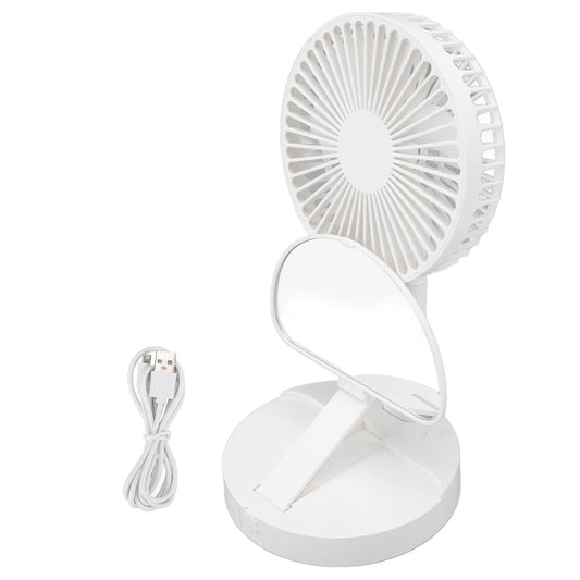 USB Desktop Fan Foldable Rechargeable Battery Makeup Mirror Function Bottom Silicone 3 Speeds White Mini Fan V1294-YM0523-3113220054311