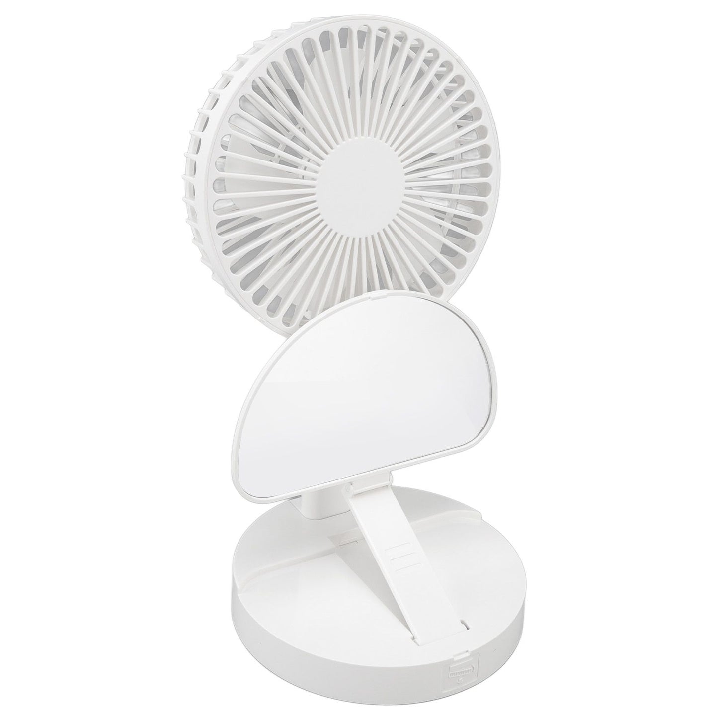 USB Desktop Fan Foldable Rechargeable Battery Makeup Mirror Function Bottom Silicone 3 Speeds White Mini Fan V1294-YM0523-3113220054311