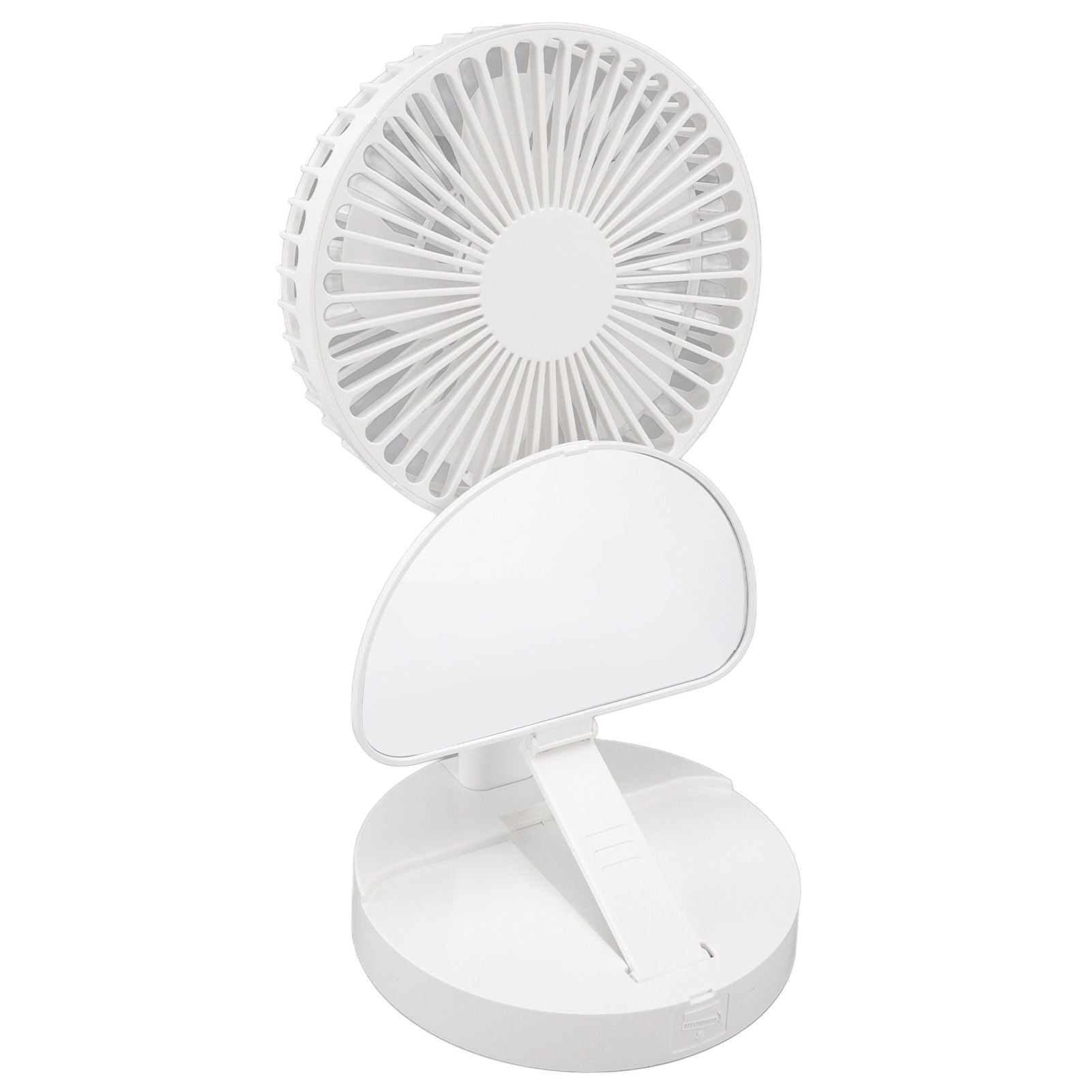 USB Desktop Fan Foldable Rechargeable Battery Makeup Mirror Function Bottom Silicone 3 Speeds White Mini Fan V1294-YM0523-3113220054311