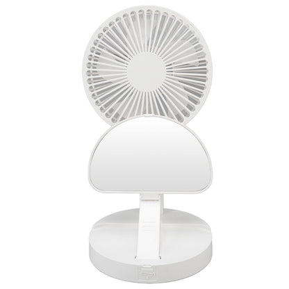 USB Desktop Fan Foldable Rechargeable Battery Makeup Mirror Function Bottom Silicone 3 Speeds White Mini Fan V1294-YM0523-3113220054311