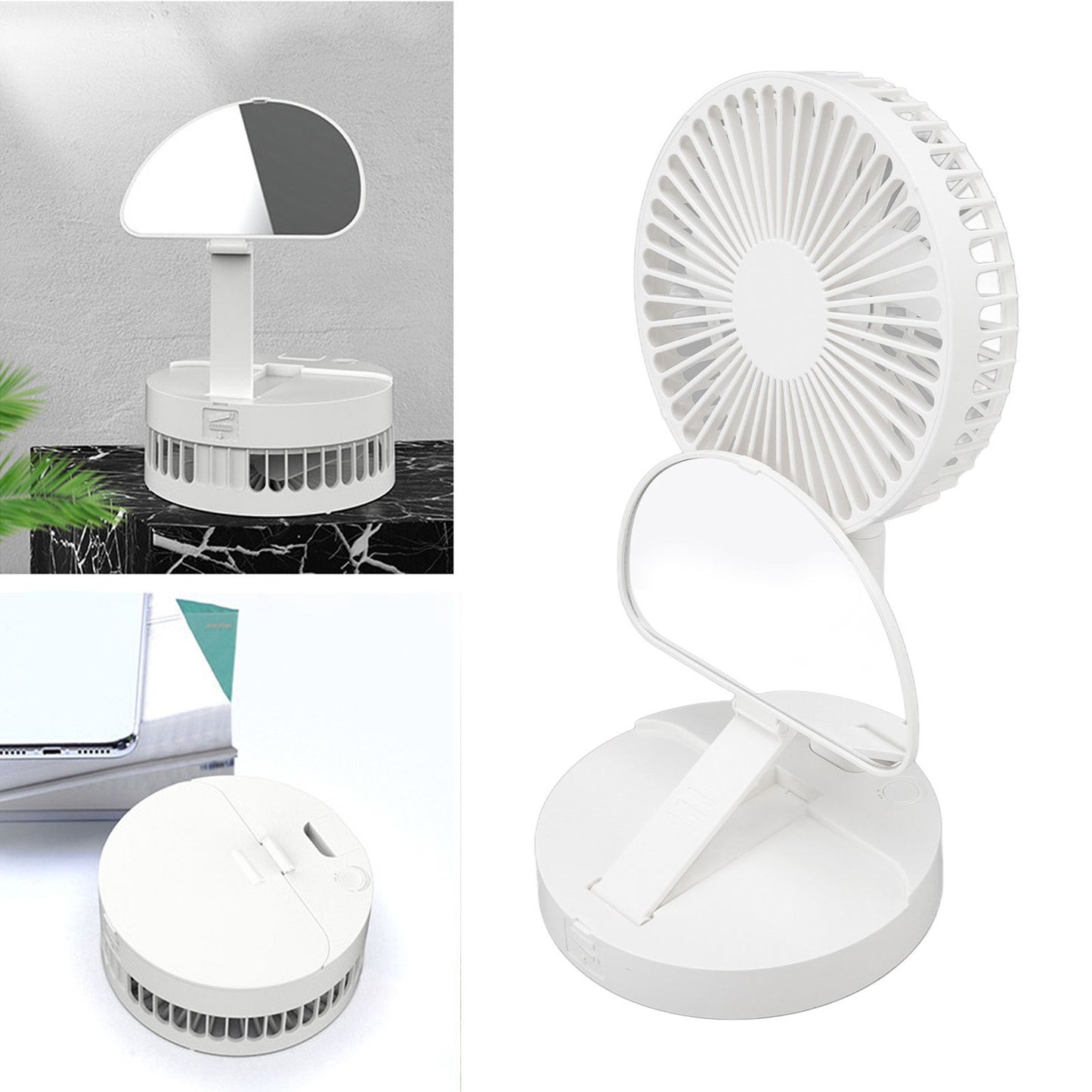 USB Desktop Fan Foldable Rechargeable Battery Makeup Mirror Function Bottom Silicone 3 Speeds White Mini Fan V1294-YM0523-3113220054311
