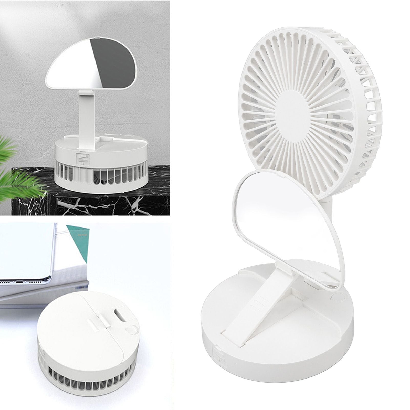 USB Desktop Fan Foldable Rechargeable Battery Makeup Mirror Function Bottom Silicone 3 Speeds White Mini Fan V1294-YM0523-3113220054311