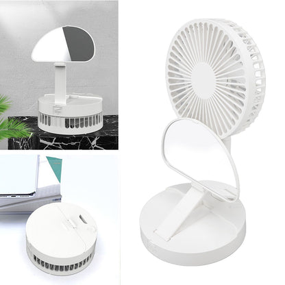 USB Desktop Fan Foldable Rechargeable Battery Makeup Mirror Function Bottom Silicone 3 Speeds White Mini Fan V1294-YM0523-3113220054311