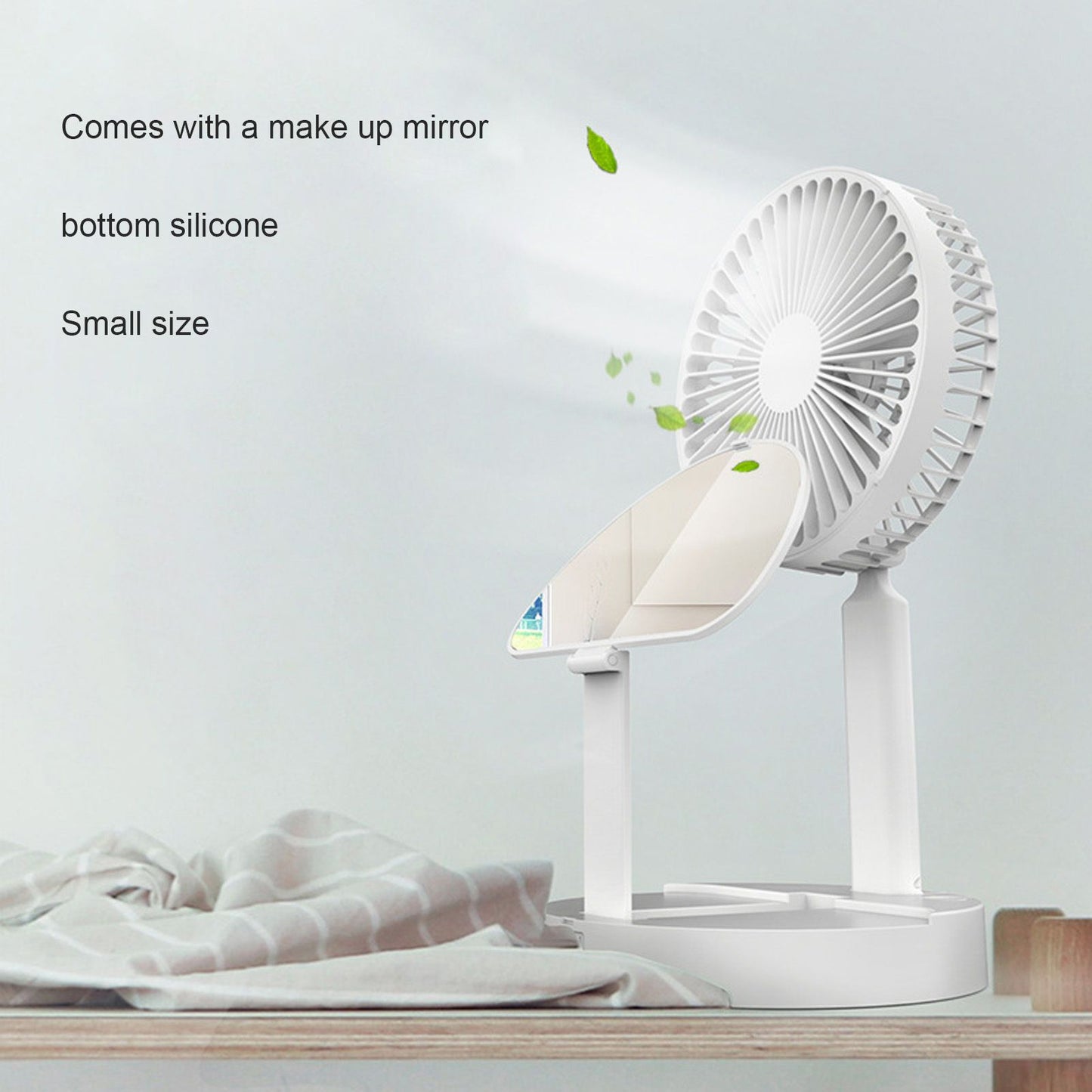 USB Desktop Fan Foldable Rechargeable Battery Makeup Mirror Function Bottom Silicone 3 Speeds White Mini Fan V1294-YM0523-3113220054311