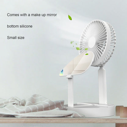 USB Desktop Fan Foldable Rechargeable Battery Makeup Mirror Function Bottom Silicone 3 Speeds White Mini Fan V1294-YM0523-3113220054311