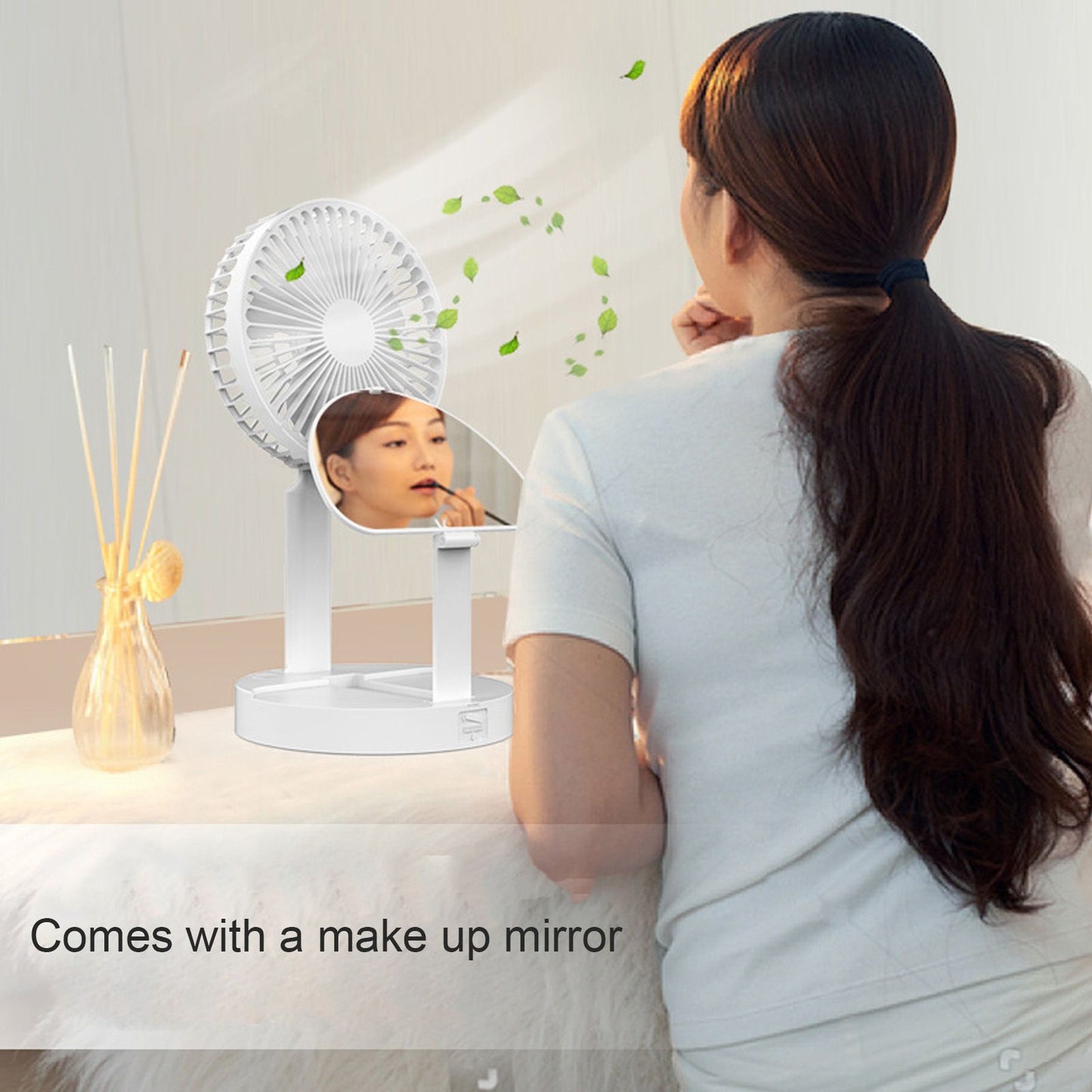 USB Desktop Fan Foldable Rechargeable Battery Makeup Mirror Function Bottom Silicone 3 Speeds White Mini Fan V1294-YM0523-3113220054311
