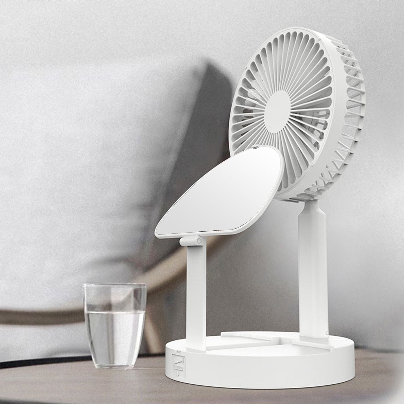 USB Desktop Fan Foldable Rechargeable Battery Makeup Mirror Function Bottom Silicone 3 Speeds White Mini Fan V1294-YM0523-3113220054311