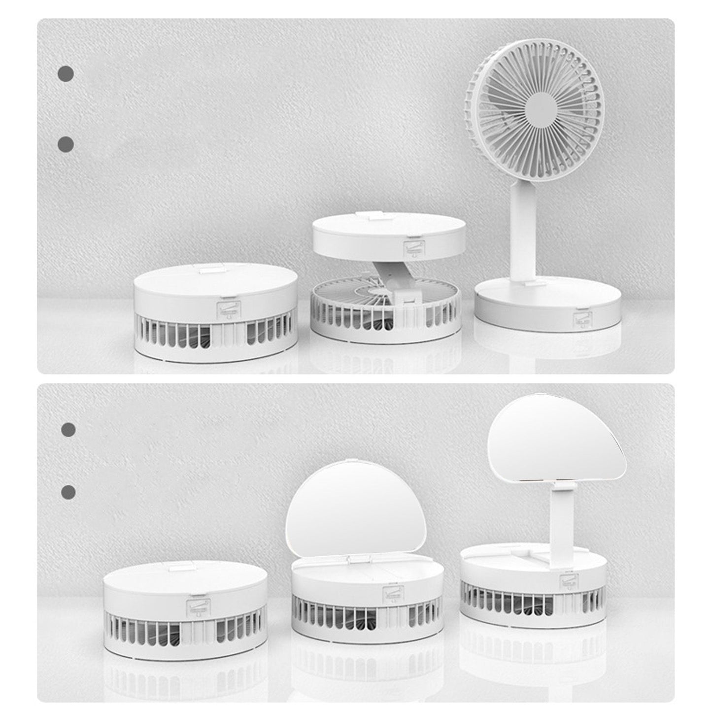 USB Desktop Fan Foldable Rechargeable Battery Makeup Mirror Function Bottom Silicone 3 Speeds White Mini Fan V1294-YM0523-3113220054311