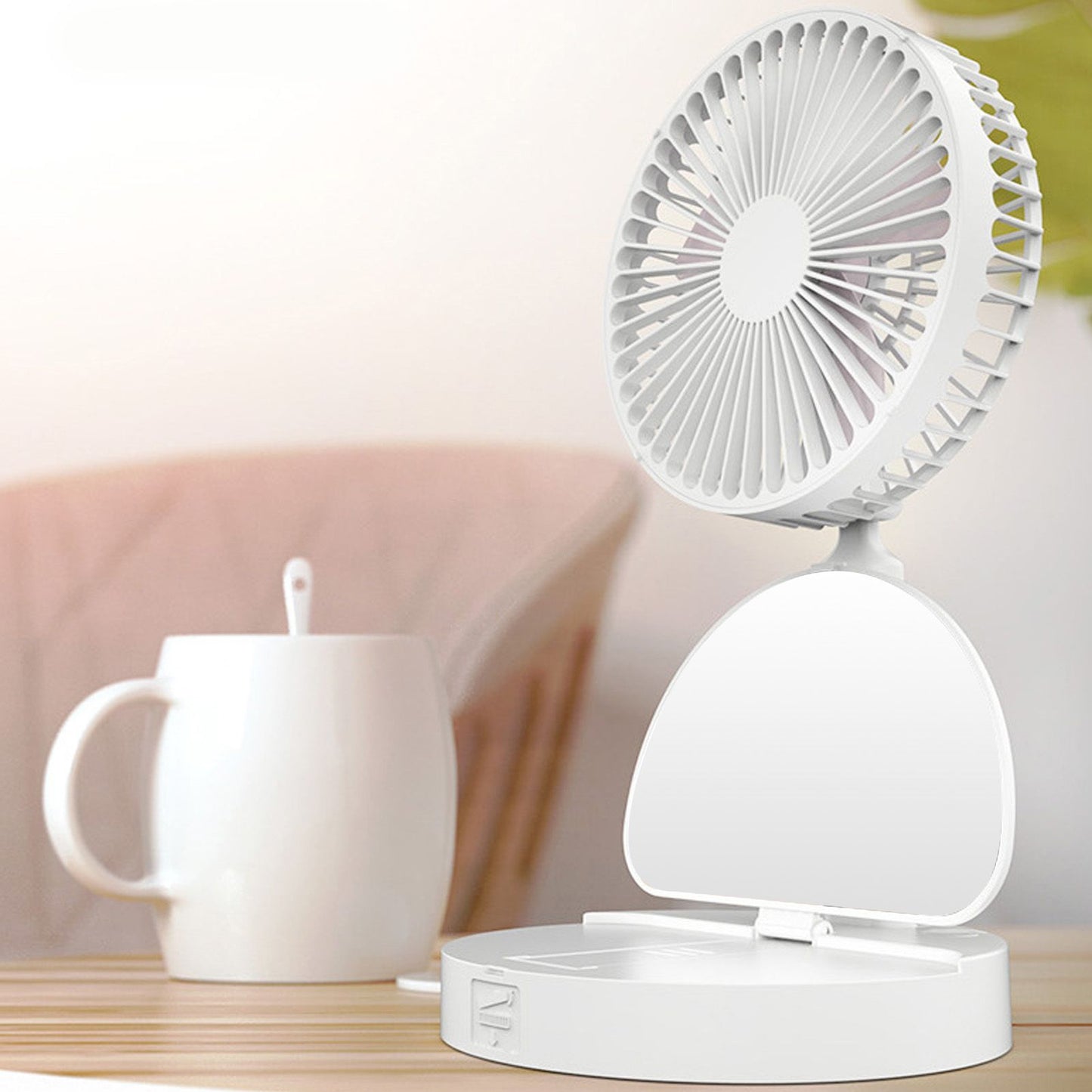 USB Desktop Fan Foldable Rechargeable Battery Makeup Mirror Function Bottom Silicone 3 Speeds White Mini Fan V1294-YM0523-3113220054311