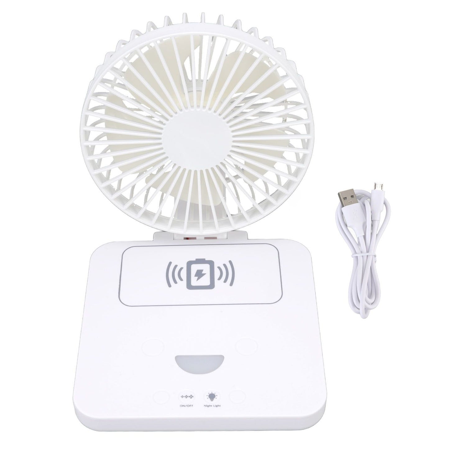 USB Desk Fan Support Wireless Phone Charging Dimmable Night Light 3 Speeds 180 Degrees Adjustable Small Desk V1294-YM0523-3113220061111
