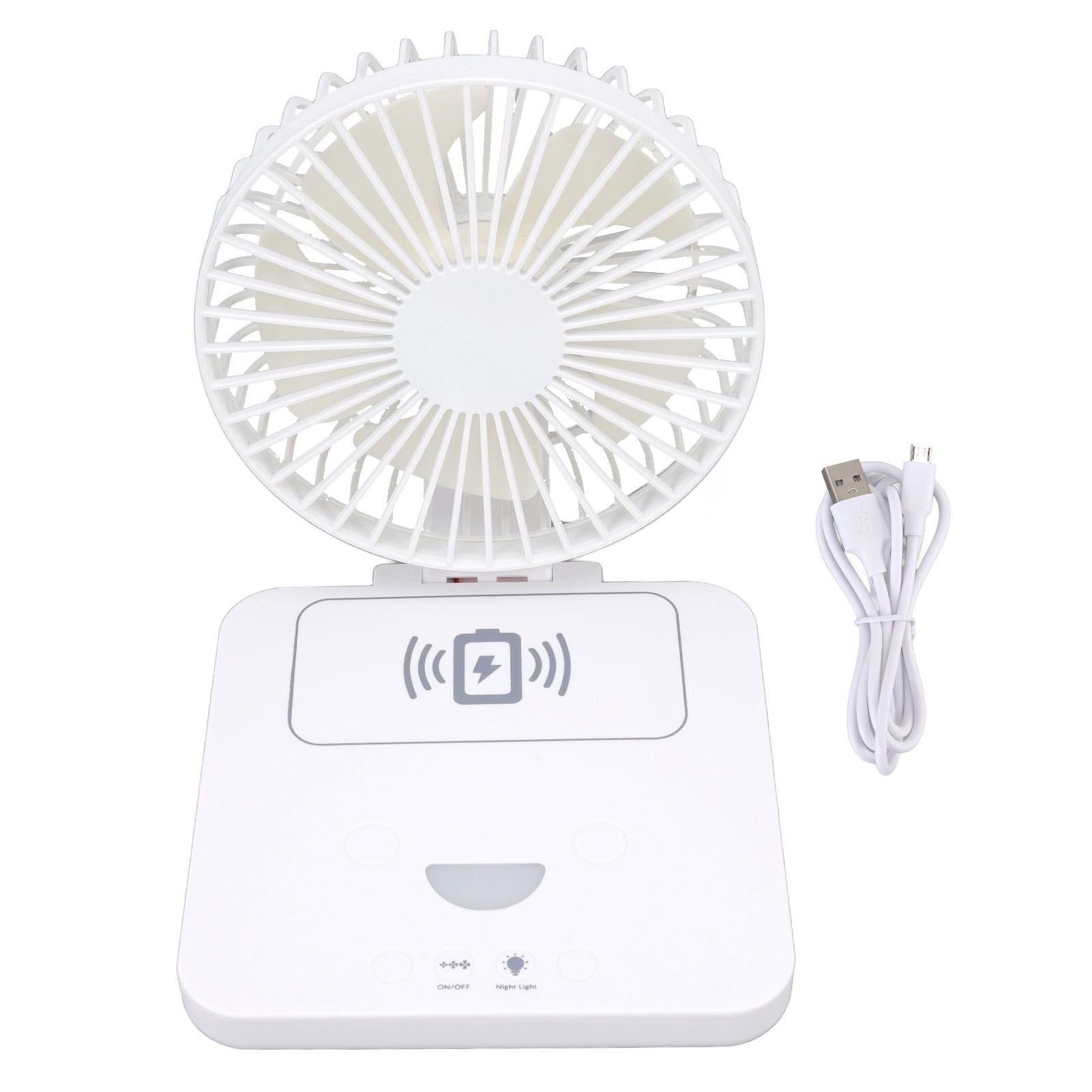 USB Desk Fan Support Wireless Phone Charging Dimmable Night Light 3 Speeds 180 Degrees Adjustable Small Desk V1294-YM0523-3113220061111