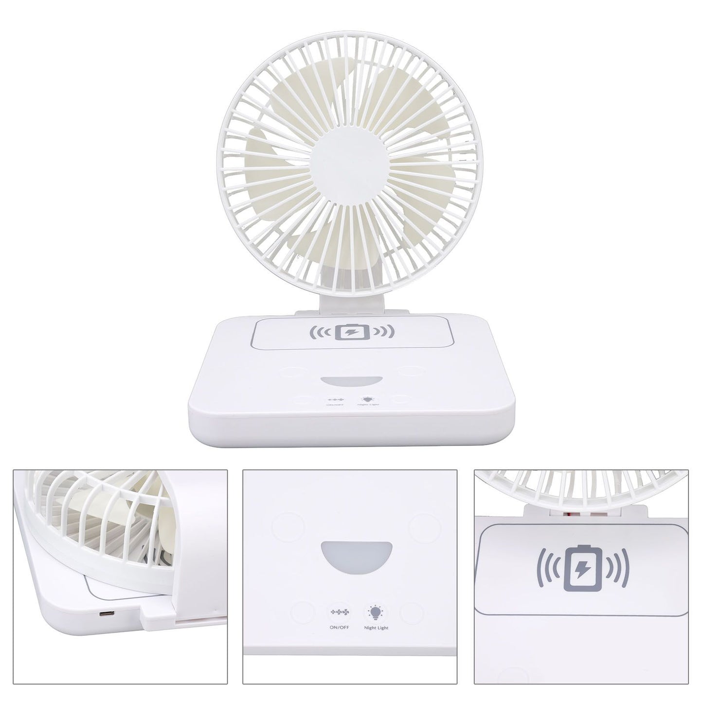 USB Desk Fan Support Wireless Phone Charging Dimmable Night Light 3 Speeds 180 Degrees Adjustable Small Desk V1294-YM0523-3113220061111