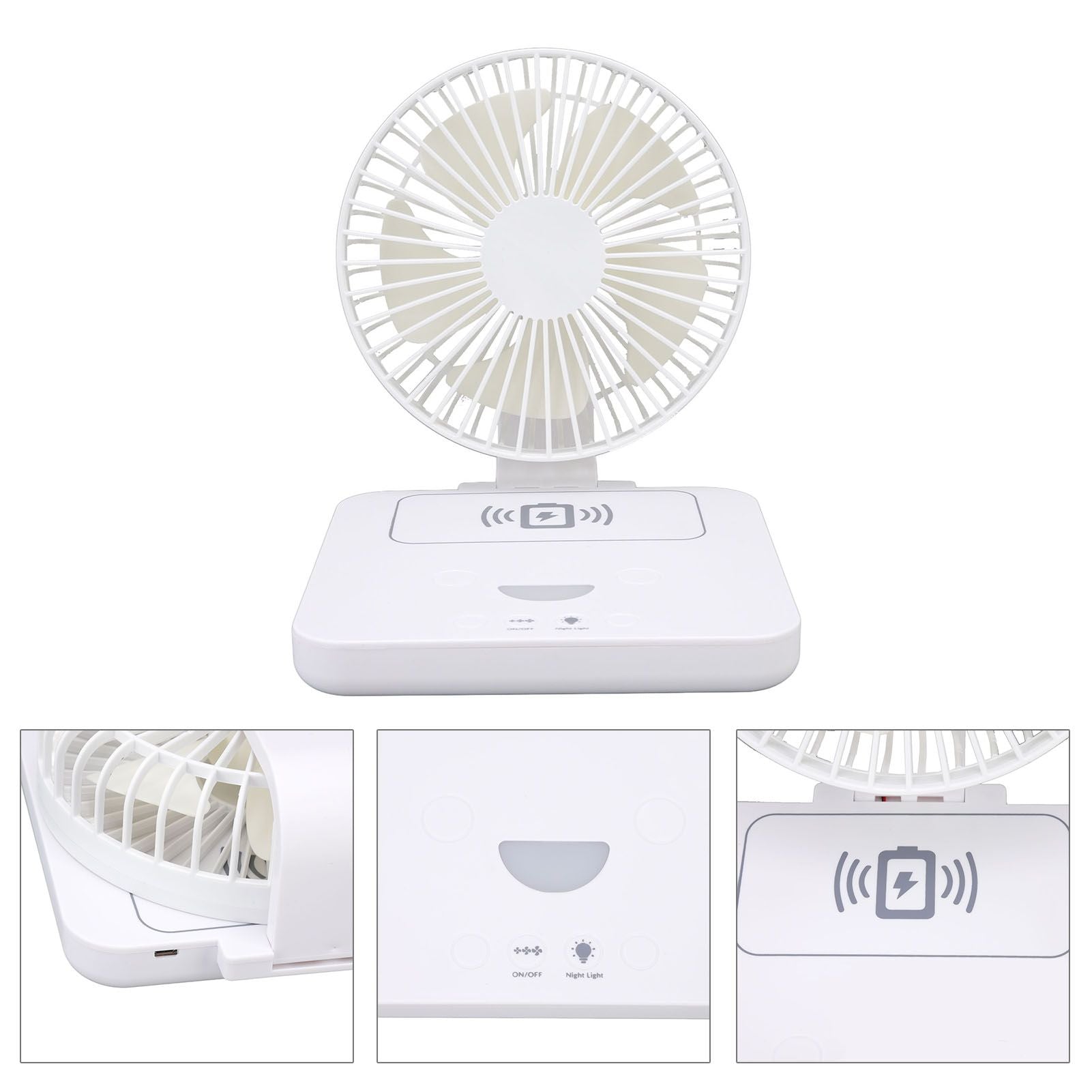USB Desk Fan Support Wireless Phone Charging Dimmable Night Light 3 Speeds 180 Degrees Adjustable Small Desk V1294-YM0523-3113220061111