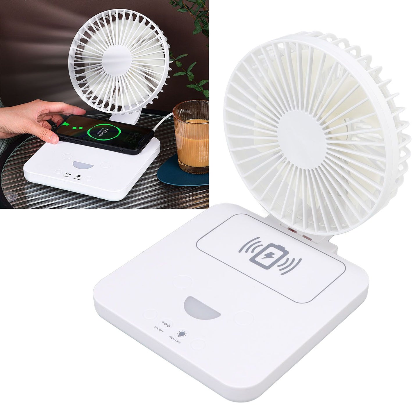 USB Desk Fan Support Wireless Phone Charging Dimmable Night Light 3 Speeds 180 Degrees Adjustable Small Desk V1294-YM0523-3113220061111