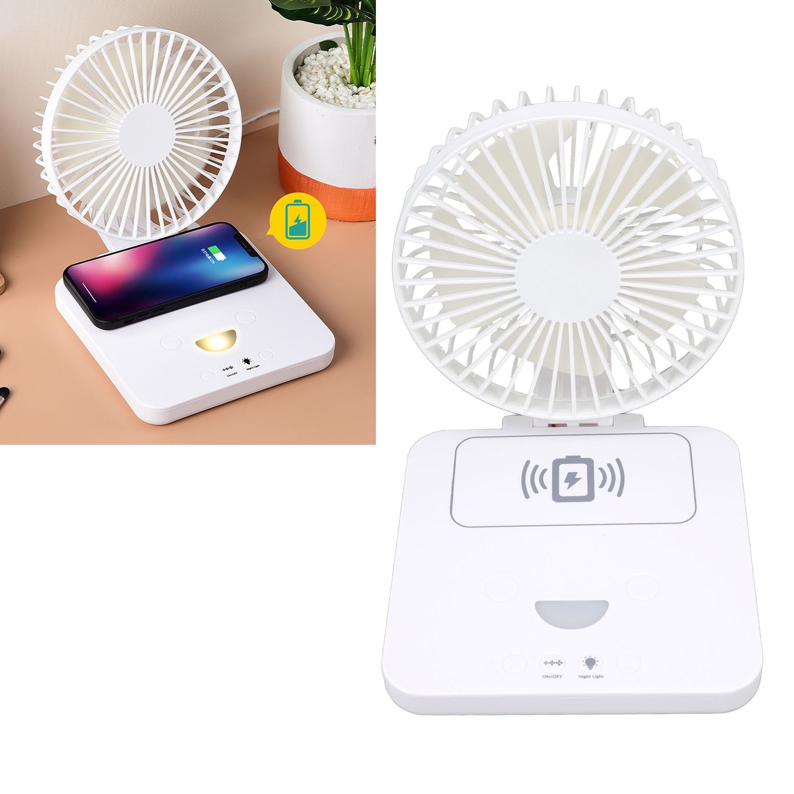 USB Desk Fan Support Wireless Phone Charging Dimmable Night Light 3 Speeds 180 Degrees Adjustable Small Desk V1294-YM0523-3113220061111