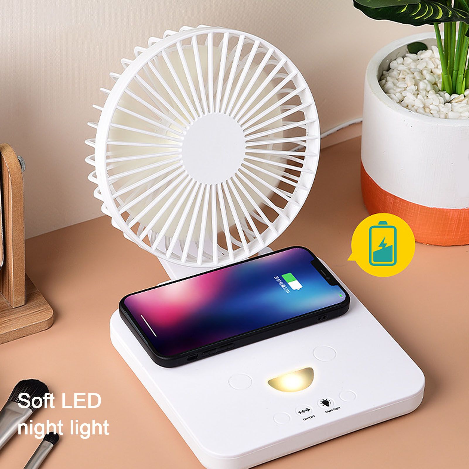 USB Desk Fan Support Wireless Phone Charging Dimmable Night Light 3 Speeds 180 Degrees Adjustable Small Desk V1294-YM0523-3113220061111