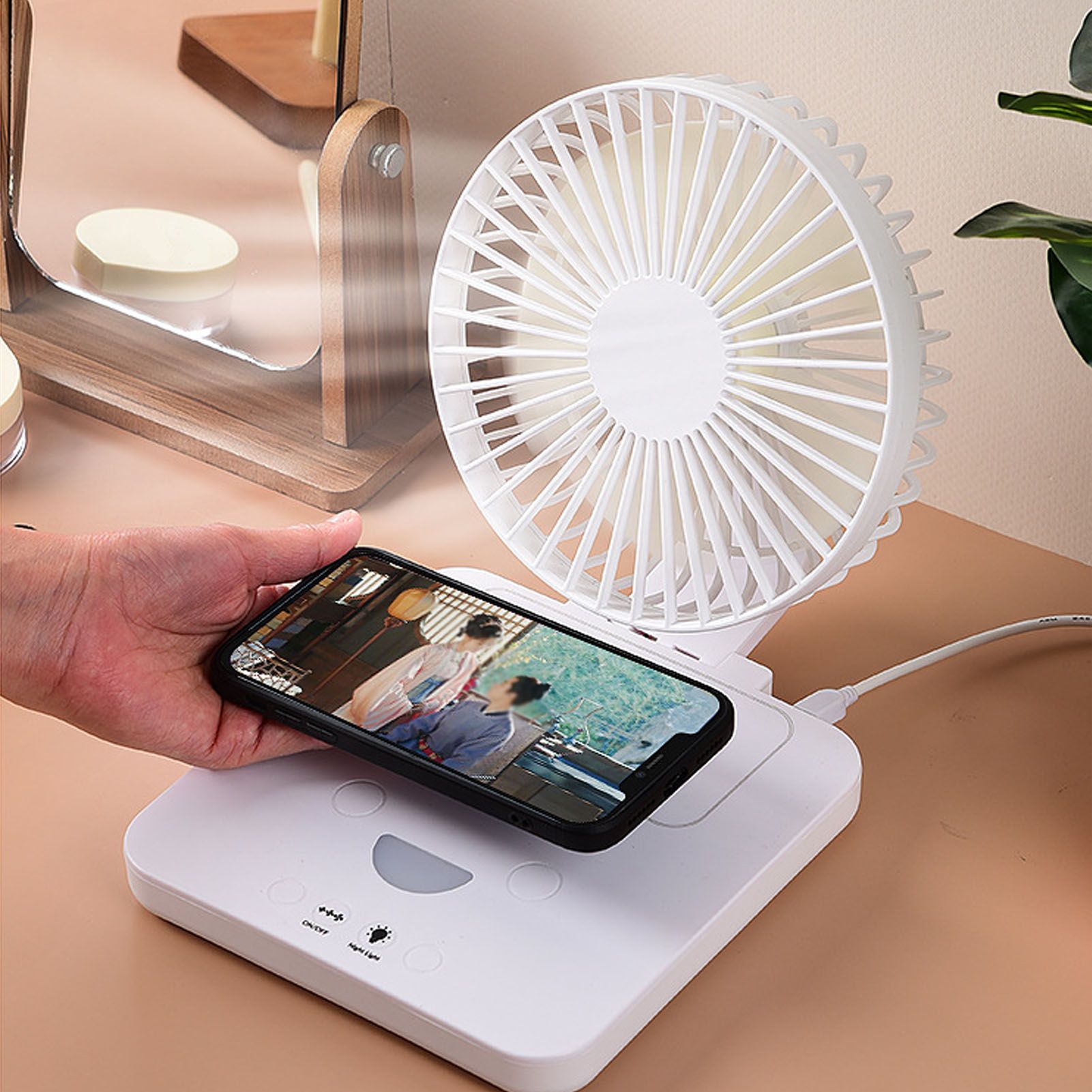 USB Desk Fan Support Wireless Phone Charging Dimmable Night Light 3 Speeds 180 Degrees Adjustable Small Desk V1294-YM0523-3113220061111
