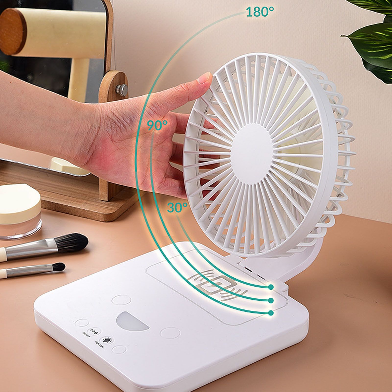 USB Desk Fan Support Wireless Phone Charging Dimmable Night Light 3 Speeds 180 Degrees Adjustable Small Desk V1294-YM0523-3113220061111