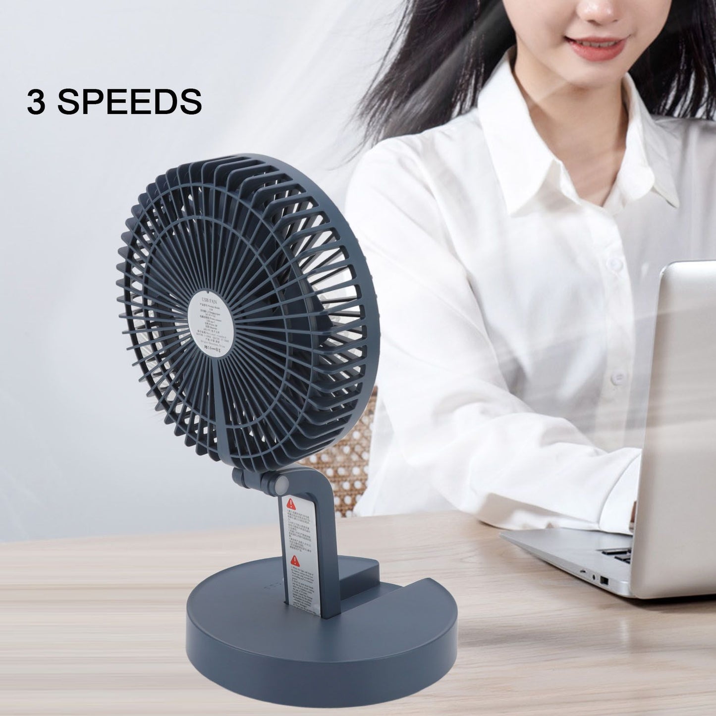 Desktop Folding Fan 3 Speeds USB Rechargeable Punch Free Electric Desktop Oscillating Fan for Home Office Blue V1294-YM0523-3113220062112
