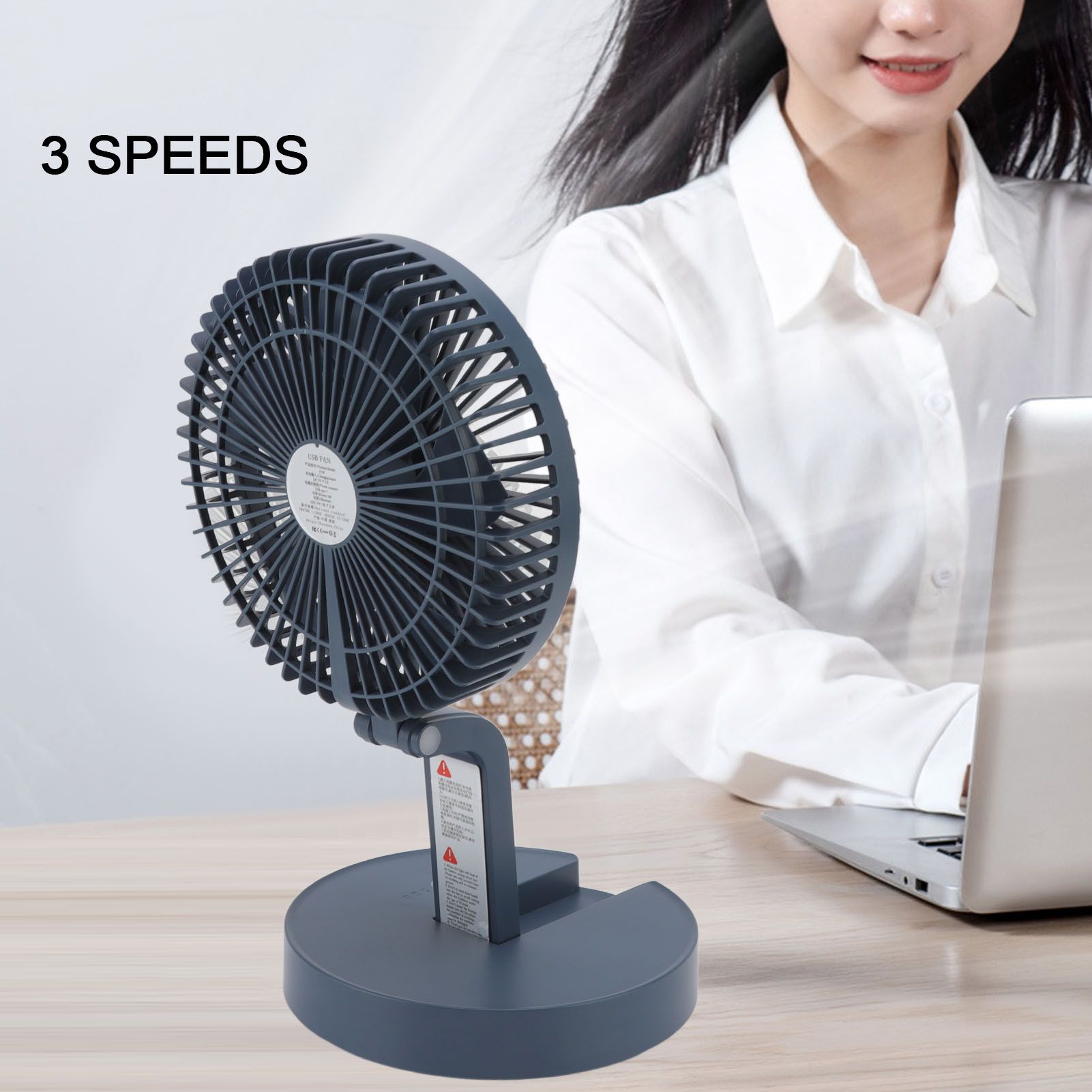 Desktop Folding Fan 3 Speeds USB Rechargeable Punch Free Electric Desktop Oscillating Fan for Home Office Blue V1294-YM0523-3113220062112